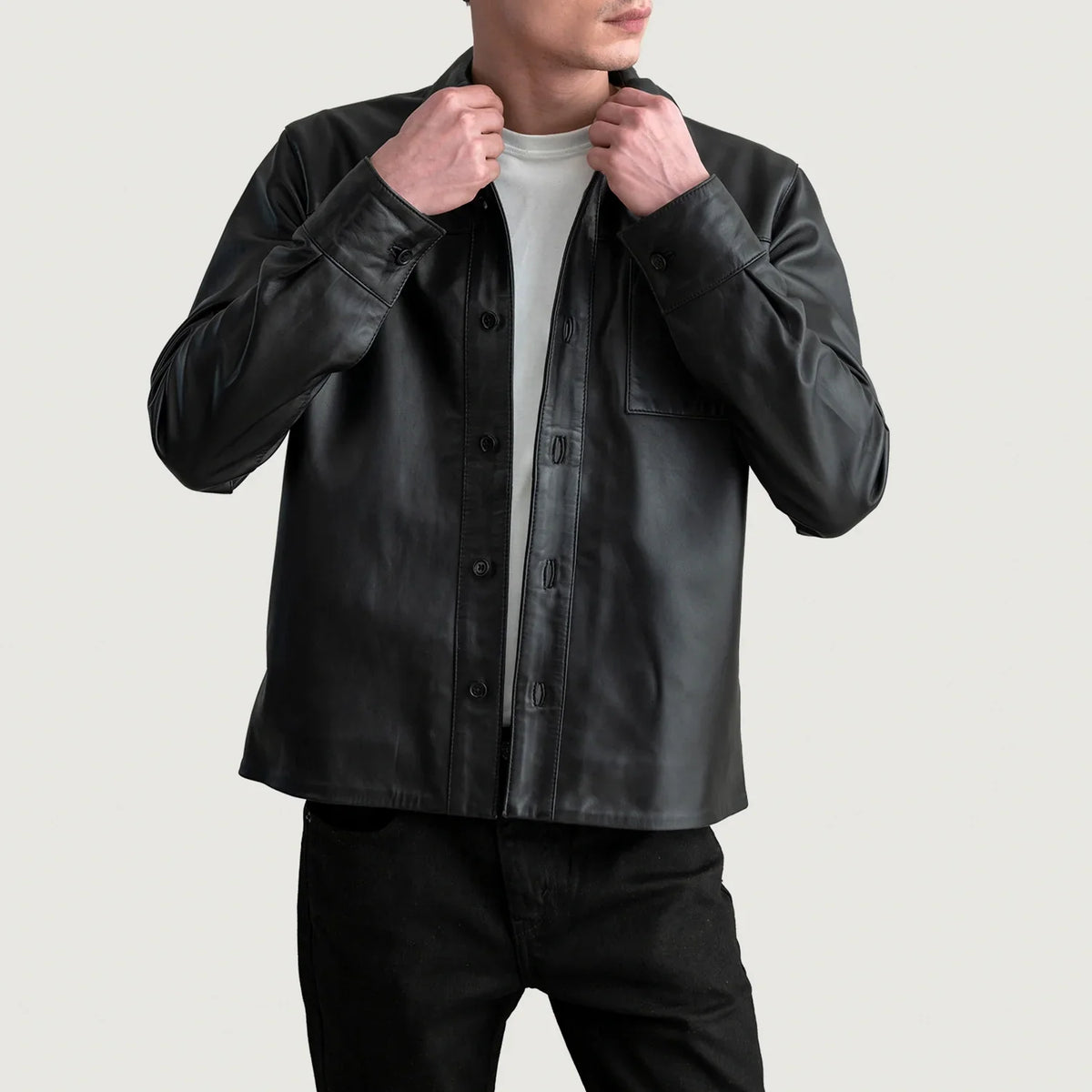 Scout Black Leather Shirt in Black Sheepskin Leather - Front Profile View &amp; Tailored Silhouette | Buy Online