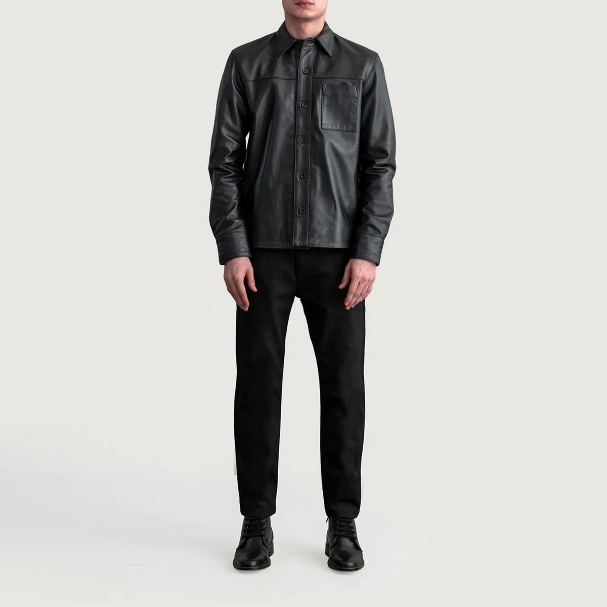 Close-Up Detail of Shirt &amp; Buttons Hardware on Scout Black Leather Shirt