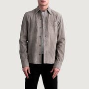 Scout Grey Suede Leather Shirt in Grey Goatskin Suede - Front Profile View &amp; Tailored Silhouette | Buy Online
