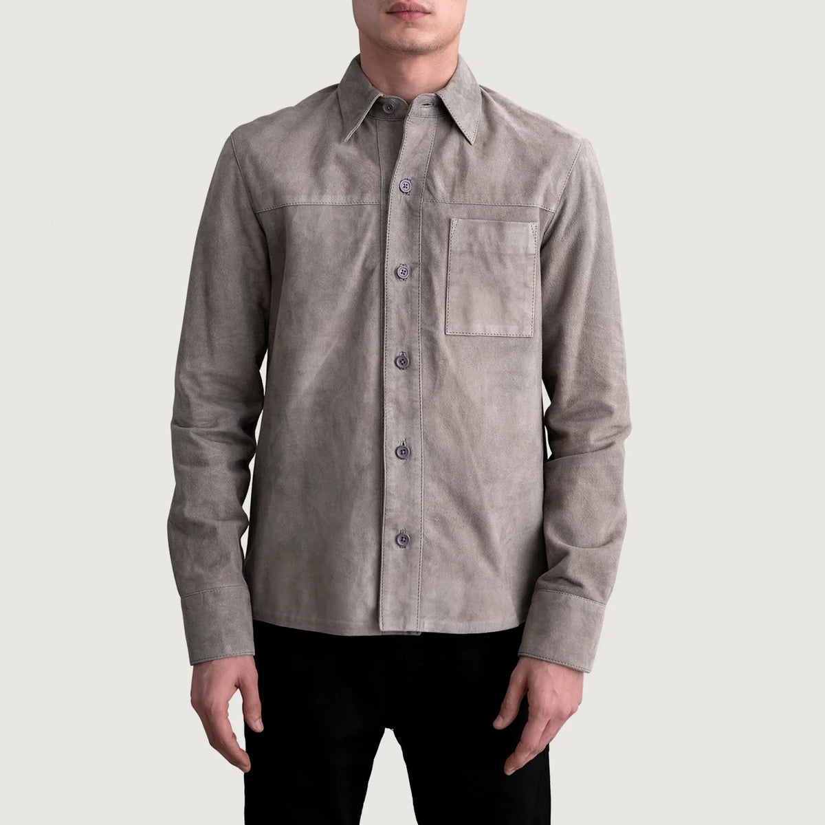 Scout Grey Suede Leather Shirt - Lateral Side Profile View Showing Sleeve Cut &amp; Athletic Taper Fit
