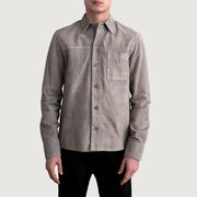 Scout Grey Suede Leather Shirt - Lateral Side Profile View Showing Sleeve Cut &amp; Athletic Taper Fit