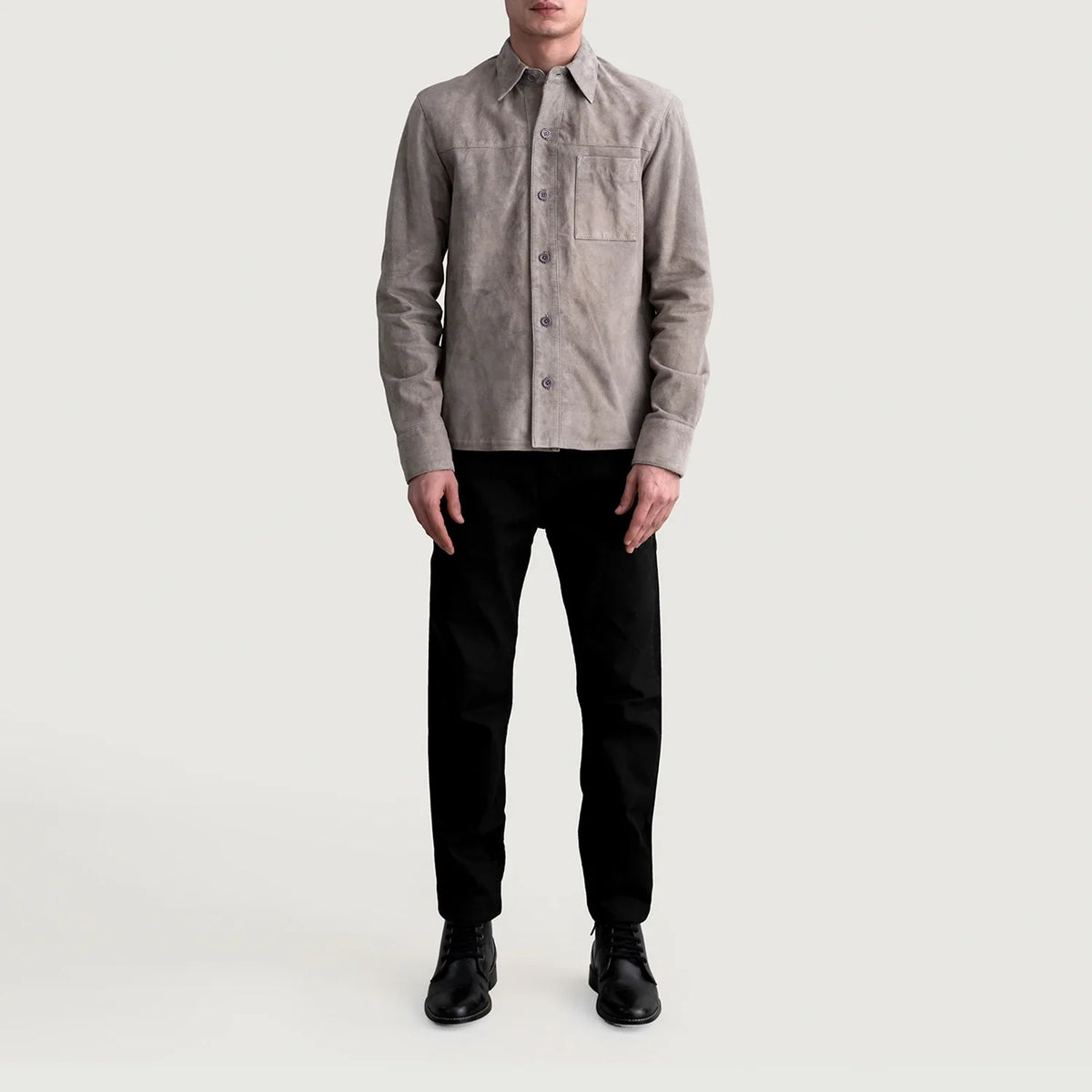 Close-Up Detail of Shirt &amp; Buttons Hardware on Scout Grey Suede Leather Shirt