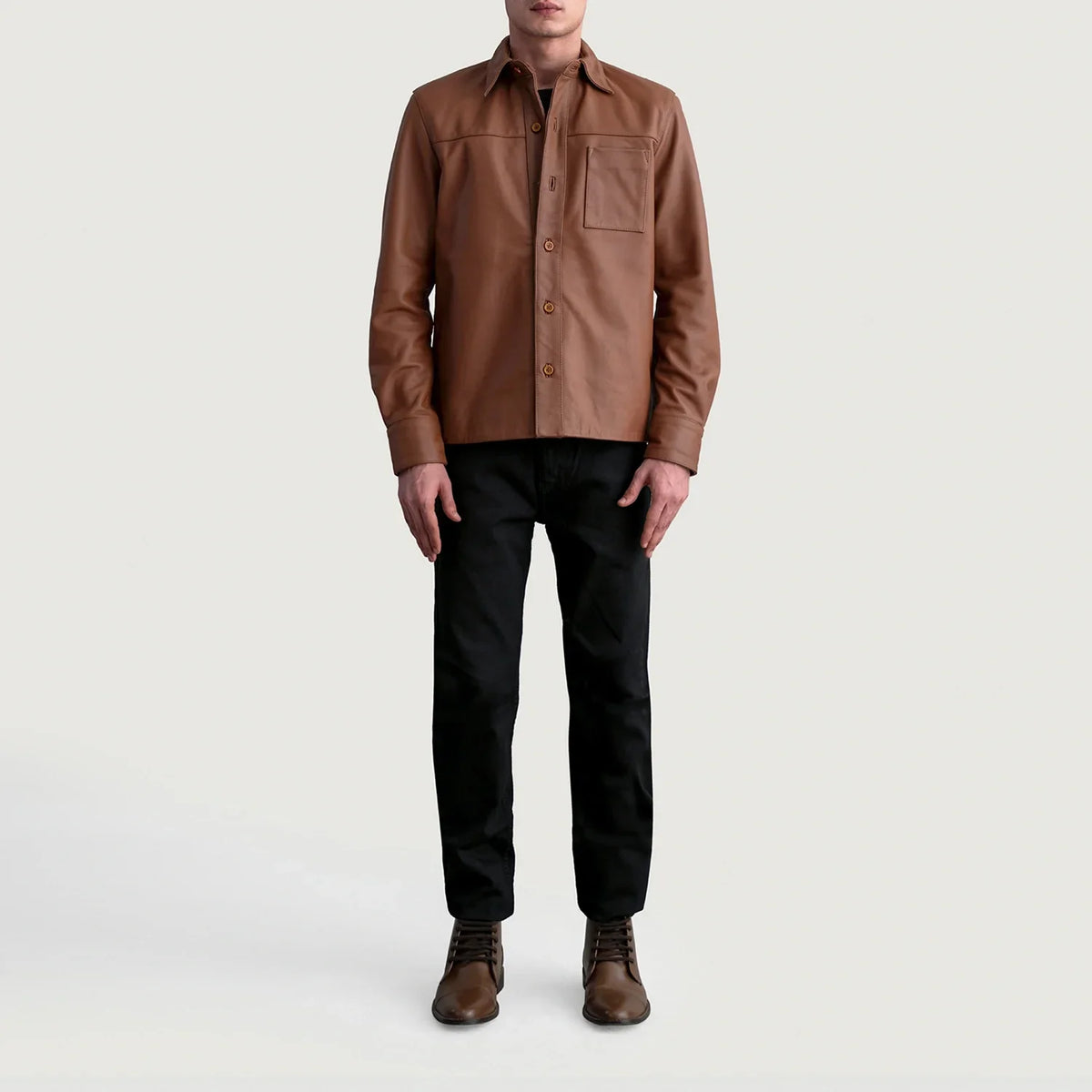Close-Up Detail of Shirt & Buttons Hardware on Scout Matte Brown Leather Shirt