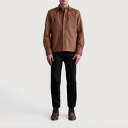 Close-Up Detail of Shirt & Buttons Hardware on Scout Matte Brown Leather Shirt