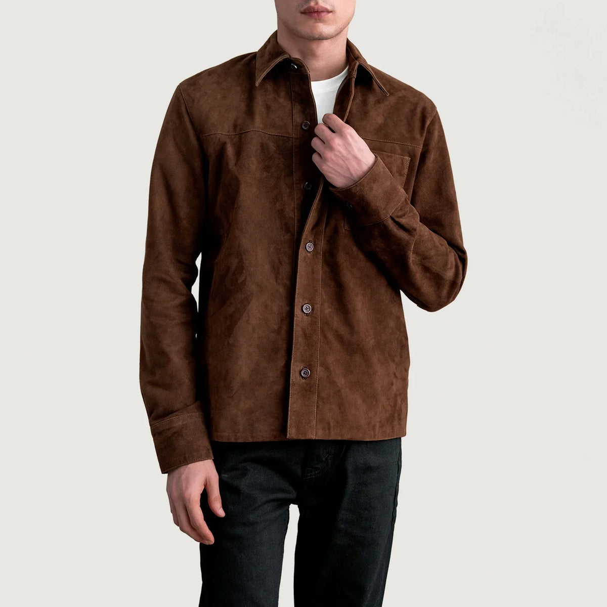 Scout Mocha Suede Leather Shirt in Brown Goatskin Suede - Front Profile View &amp; Tailored Silhouette | Buy Online