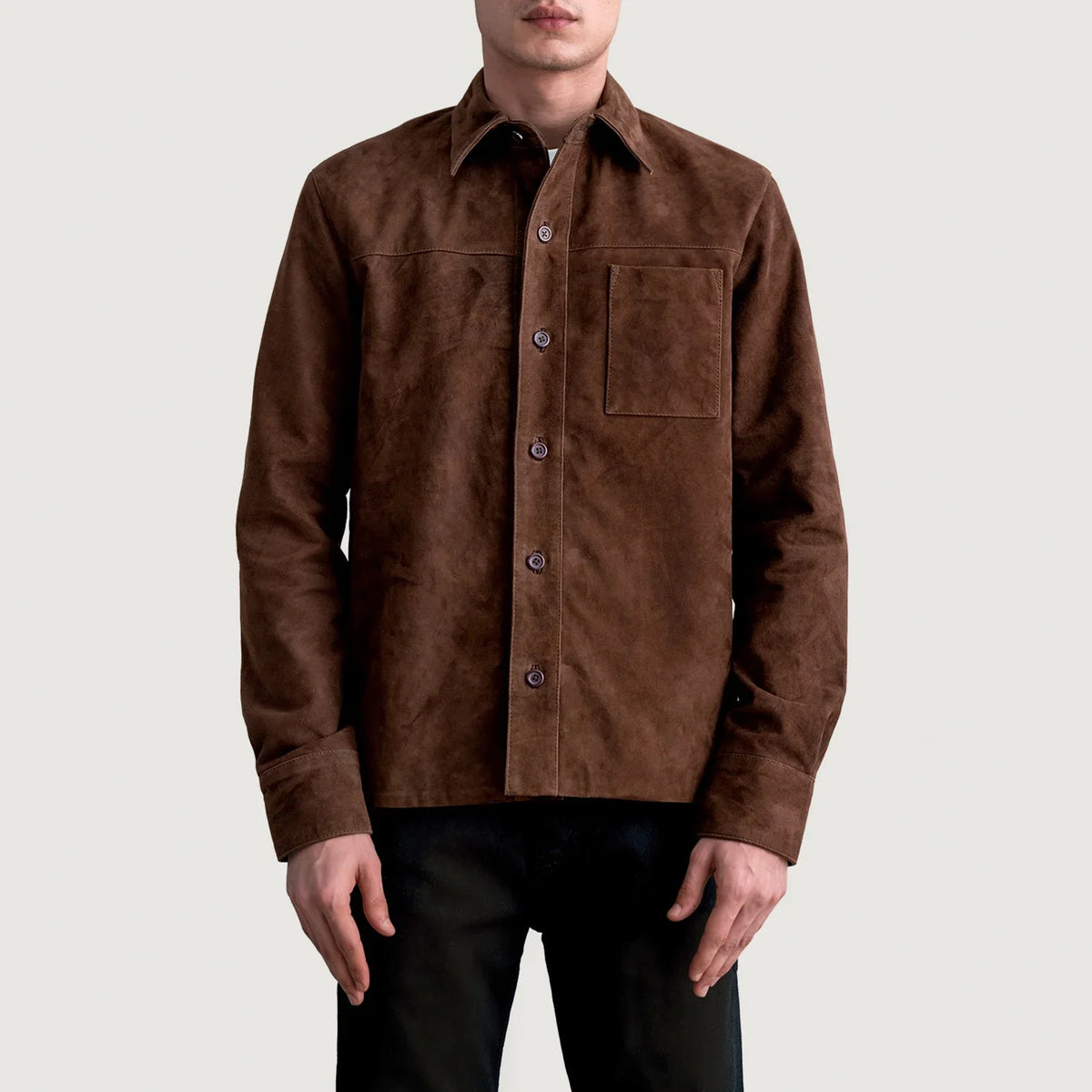 Scout Mocha Suede Leather Shirt - Lateral Side Profile View Showing Sleeve Cut & Athletic Taper Fit