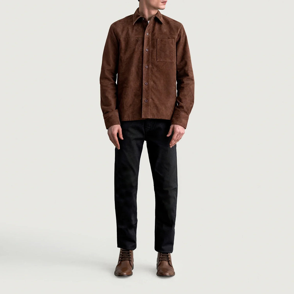 Close-Up Detail of Shirt &amp; Buttons Hardware on Scout Mocha Suede Leather Shirt