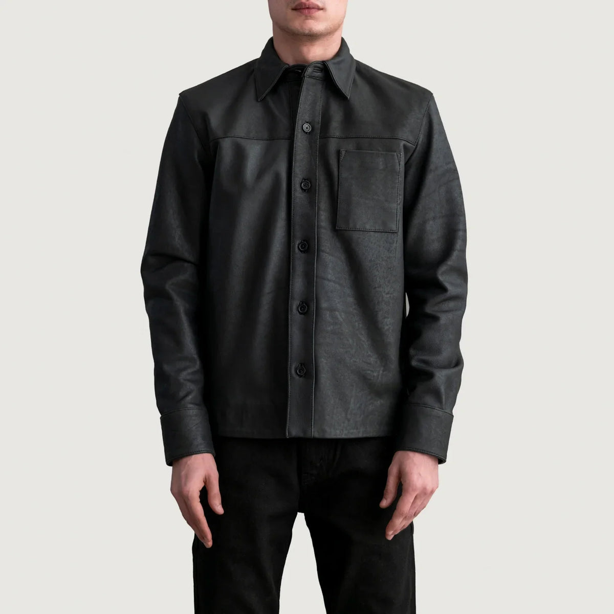 
Scout Tumbled Black Leather Shirt - Lateral Side Profile View Showing Sleeve Cut & Athletic Taper Fit