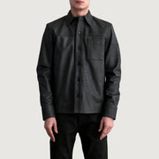 
Scout Tumbled Black Leather Shirt - Lateral Side Profile View Showing Sleeve Cut & Athletic Taper Fit
