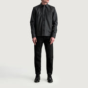 
Close-Up Detail of Shirt & Buttons Hardware on Scout Tumbled Black Leather Shirt
