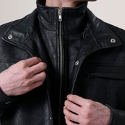 Close-Up Detail of Shirt &amp; Zipper Hardware on Sean Black Snuffed Classic Jacket For Men