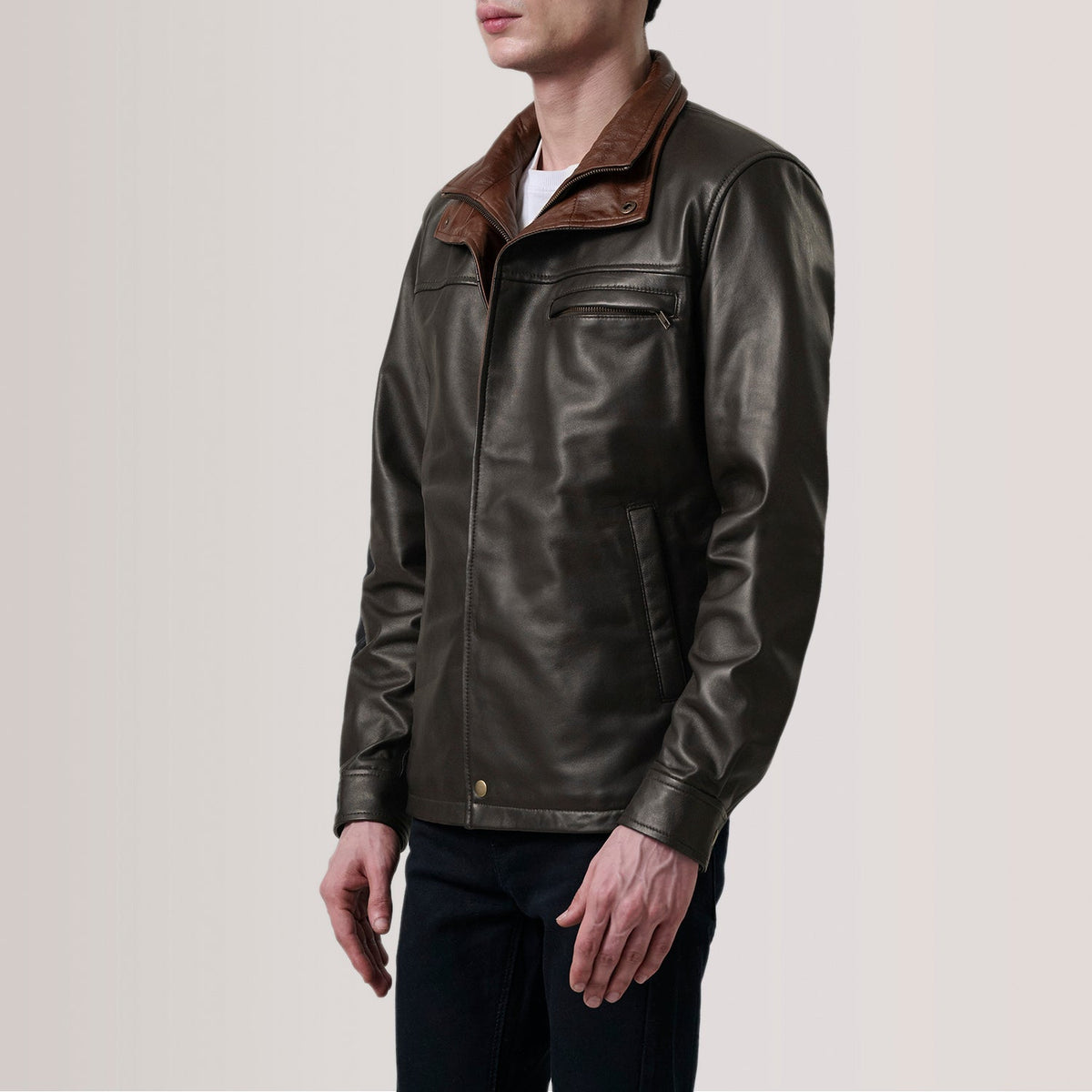 Sean Brown Leather Classic Jacket For Men - Lateral Side Profile View Showing Sleeve Cut &amp; Athletic Taper Fit