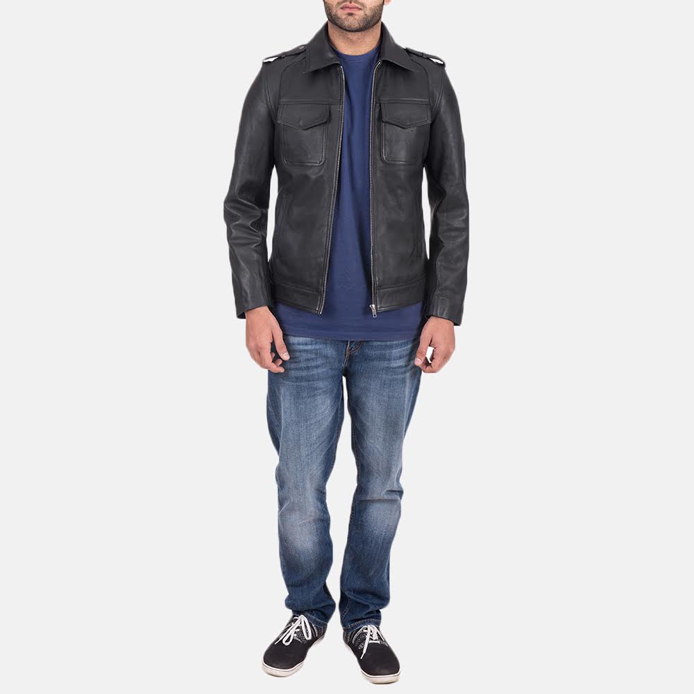 Close-Up Detail of Shirt &amp; Zipper Hardware on Sergeant Black Leather Jacket
