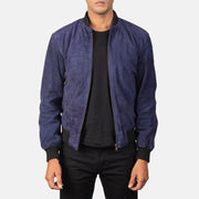 Men's Shane Navy Blue Suede Bomber Jacket in Blue Goatskin Suede - Front Profile View &amp; Tailored Silhouette | Buy Online
