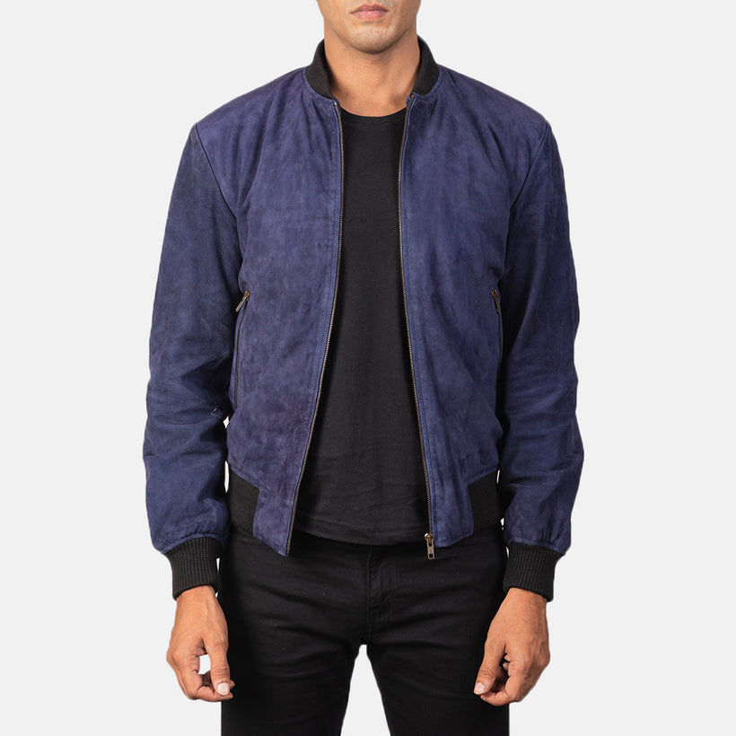 Men's Shane Navy Blue Suede Bomber Jacket in Blue Goatskin Suede - Front Profile View & Tailored Silhouette | Buy Online