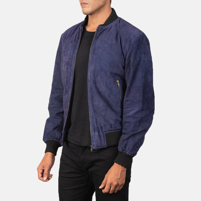 Blue Goatskin Suede Bomber Jacket - Back View Showing Tailored Shoulder Fit & Clean Hemline