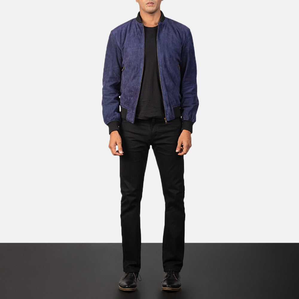 Men's Shane Navy Blue Suede Bomber Jacket - Lateral Side Profile View Showing Sleeve Cut &amp; Athletic Taper Fit