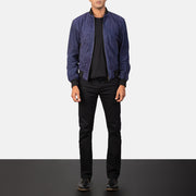 Men's Shane Navy Blue Suede Bomber Jacket - Lateral Side Profile View Showing Sleeve Cut &amp; Athletic Taper Fit