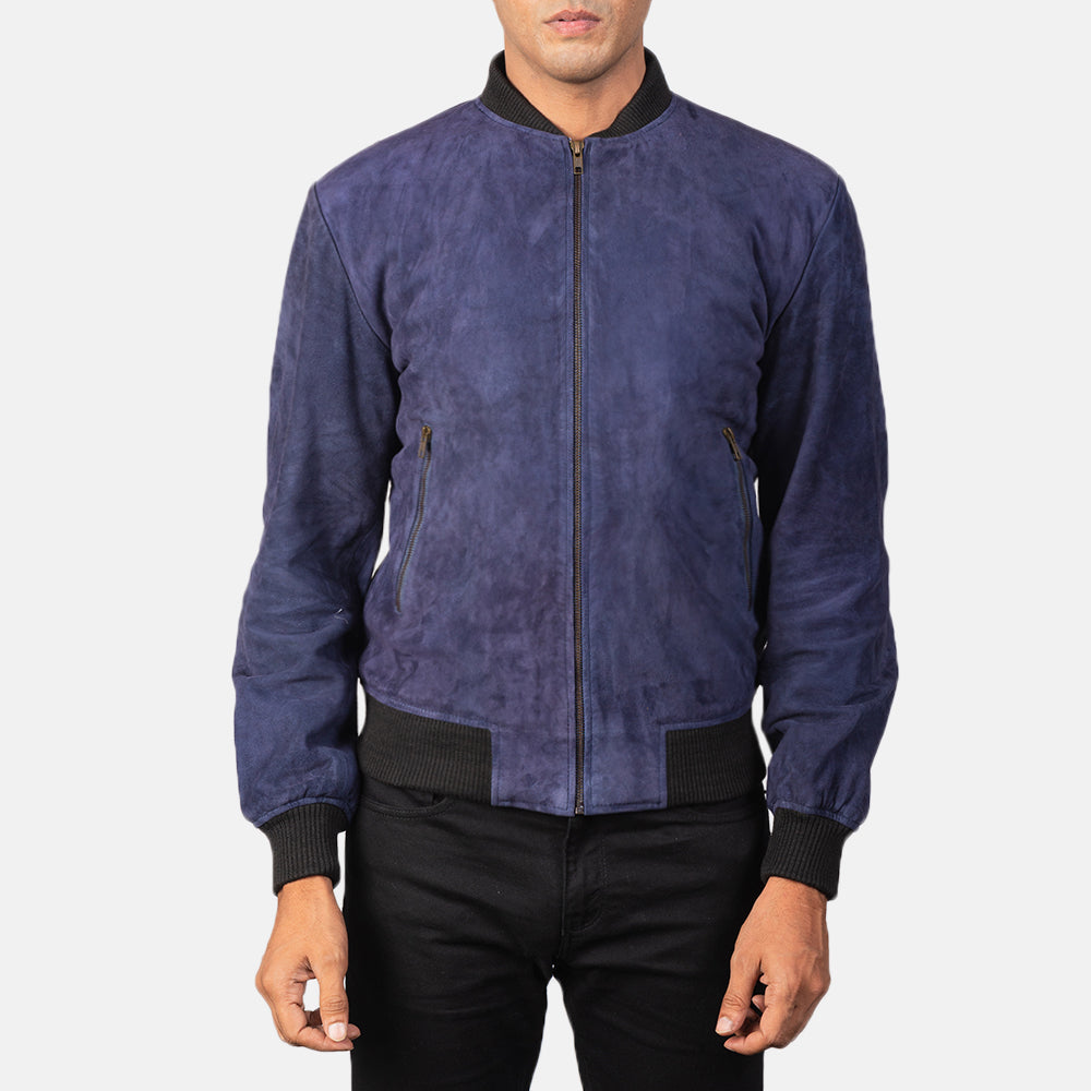 Close-Up Detail of Varsity &amp; Zipper Hardware on Men's Shane Navy Blue Suede Bomber Jacket