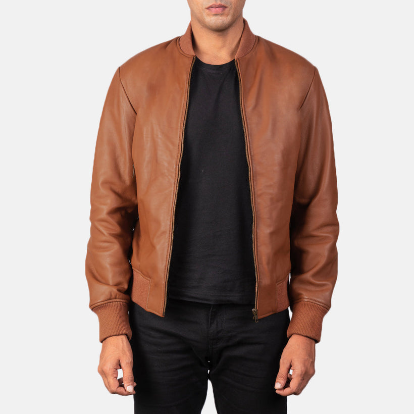 Men's Shane Brown Leather Bomber Jacket in Brown Sheepskin Leather - Front Profile View & Tailored Silhouette | Buy Online
