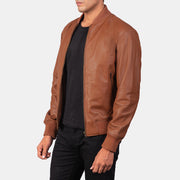 Brown Sheepskin Leather Bomber Jacket - Back View Showing Tailored Shoulder Fit &amp; Clean Hemline