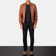 Men's Shane Brown Leather Bomber Jacket - Lateral Side Profile View Showing Sleeve Cut &amp; Athletic Taper Fit