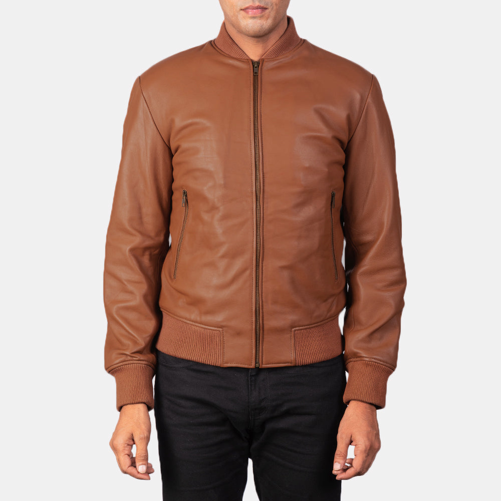 Close-Up Detail of Varsity &amp; Zipper Hardware on Men's Shane Brown Leather Bomber Jacket