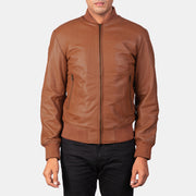 Close-Up Detail of Varsity &amp; Zipper Hardware on Men's Shane Brown Leather Bomber Jacket