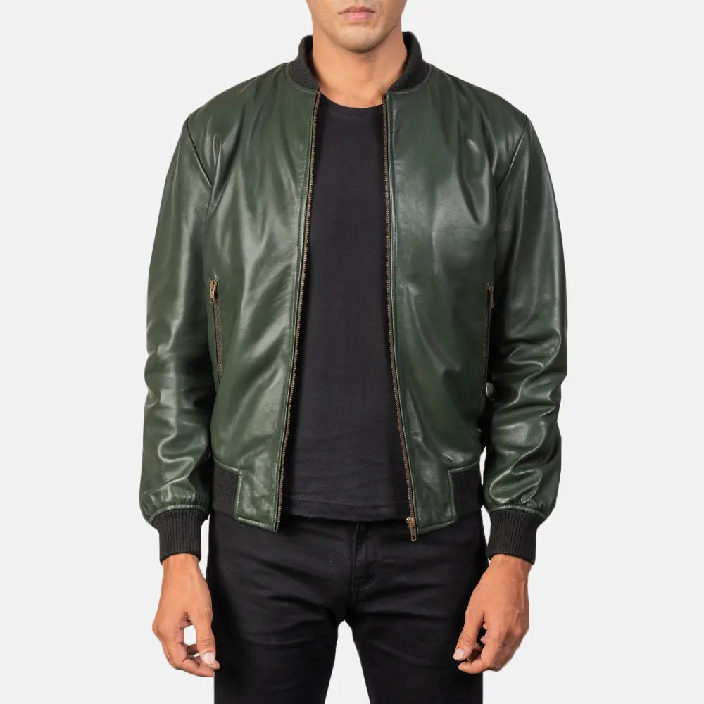 Men's Shane Army Green Leather Bomber Jacket in Green Sheepskin Leather - Front Profile View &amp; Tailored Silhouette | Buy Online