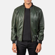 Men's Shane Army Green Leather Bomber Jacket in Green Sheepskin Leather - Front Profile View &amp; Tailored Silhouette | Buy Online