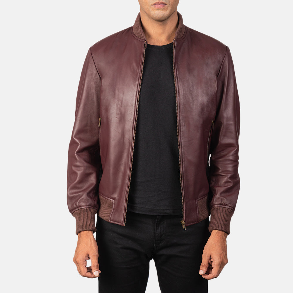 Men's Shane Maroon Leather Bomber Jacket in Maroon Sheepskin Leather - Front Profile View &amp; Tailored Silhouette | Buy Online