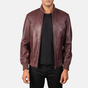 Men's Shane Maroon Leather Bomber Jacket in Maroon Sheepskin Leather - Front Profile View &amp; Tailored Silhouette | Buy Online