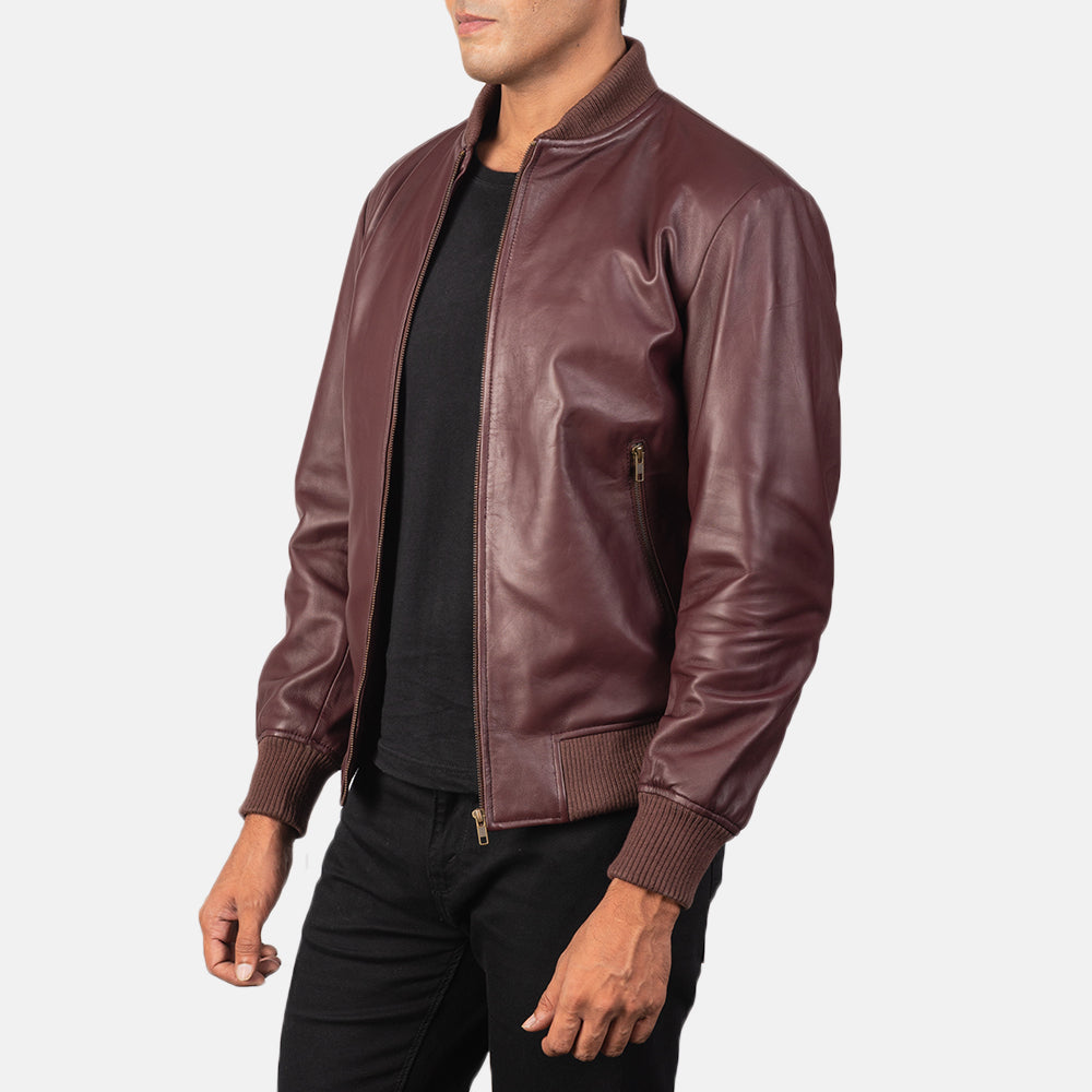 Maroon Sheepskin Leather Bomber Jacket - Back View Showing Tailored Shoulder Fit &amp; Clean Hemline