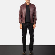 Men's Shane Maroon Leather Bomber Jacket - Lateral Side Profile View Showing Sleeve Cut &amp; Athletic Taper Fit