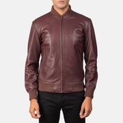 Close-Up Detail of Varsity &amp; Zipper Hardware on Men's Shane Maroon Leather Bomber Jacket