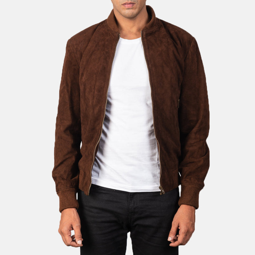 Men's Shane Dark Mocha Brown Suede Bomber Jacket in Dark Brown Goatskin Suede - Front Profile View & Tailored Silhouette | Buy Online