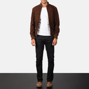 Men's Shane Dark Mocha Brown Suede Bomber Jacket - Lateral Side Profile View Showing Sleeve Cut &amp; Athletic Taper Fit