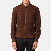 Close-Up Detail of Varsity &amp; Zipper Hardware on Men's Shane Dark Mocha Brown Suede Bomber Jacket