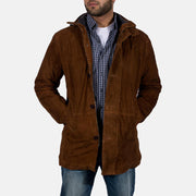 Men's Sheriff Brown Suede Jacket in Brown Goatskin Suede - Front Profile View &amp; Tailored Silhouette | Buy Online