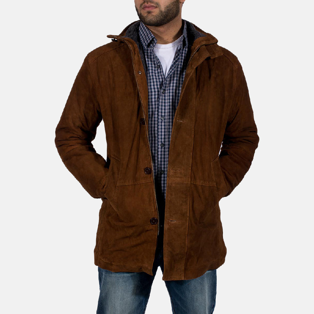 Men's Sheriff Brown Suede Jacket in Brown Goatskin Suede - Front Profile View & Tailored Silhouette | Buy Online