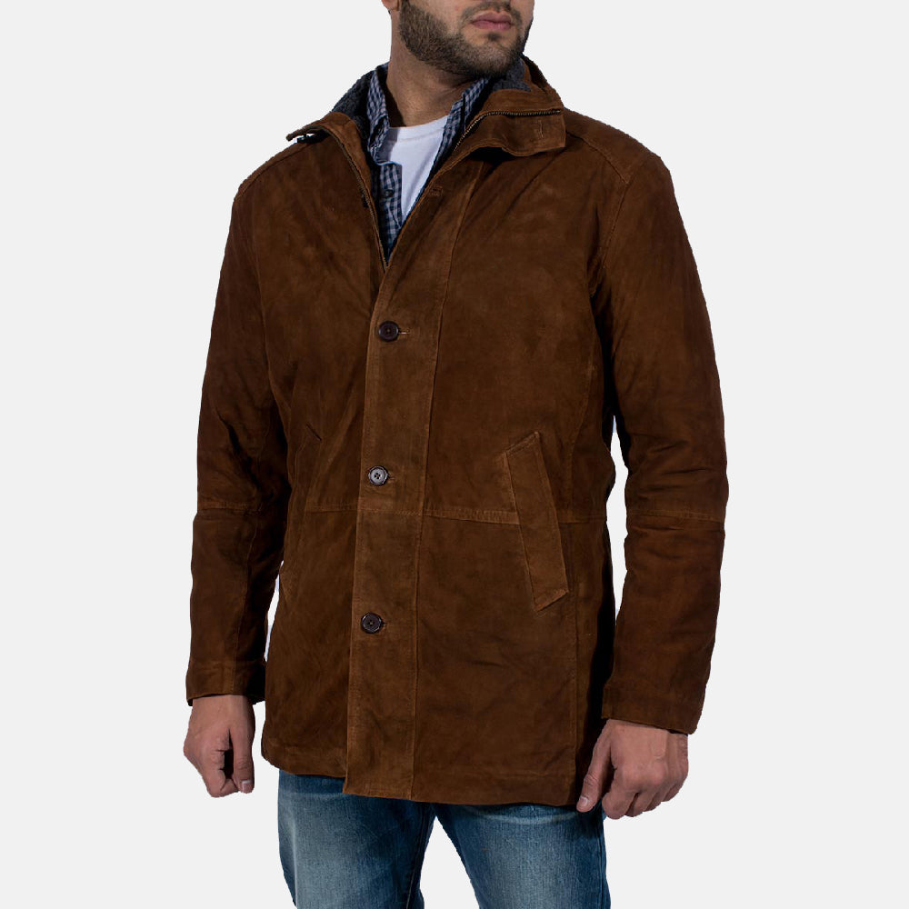 Men's Sheriff Brown Suede Jacket - Lateral Side Profile View Showing Sleeve Cut &amp; Athletic Taper Fit