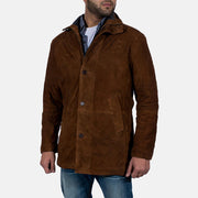 Men's Sheriff Brown Suede Jacket - Lateral Side Profile View Showing Sleeve Cut &amp; Athletic Taper Fit