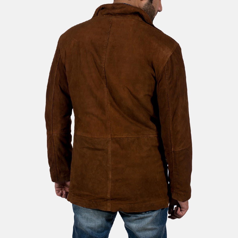 Close-Up Detail of High neck &amp; Zipper with Button Flap Hardware on Men's Sheriff Brown Suede Jacket
