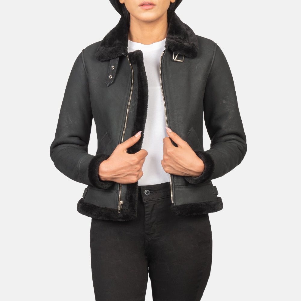 Women's Sherilyn B-3 Distressed Black Leather Bomber Jacket in Distressed Black Sheepskin Snuffed - Front Profile View &amp; Tailored Silhouette | Buy Online
