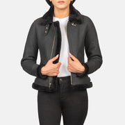 Women's Sherilyn B-3 Distressed Black Leather Bomber Jacket in Distressed Black Sheepskin Snuffed - Front Profile View &amp; Tailored Silhouette | Buy Online