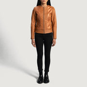 Women's Sleeky Clean Tan Leather Biker Jacket - Lateral Side Profile View Showing Sleeve Cut &amp; Athletic Taper Fit
