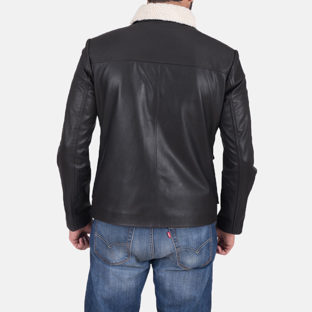 Men's Snow Cole Black Leather Jacket - Lateral Side Profile View Showing Sleeve Cut &amp; Athletic Taper Fit