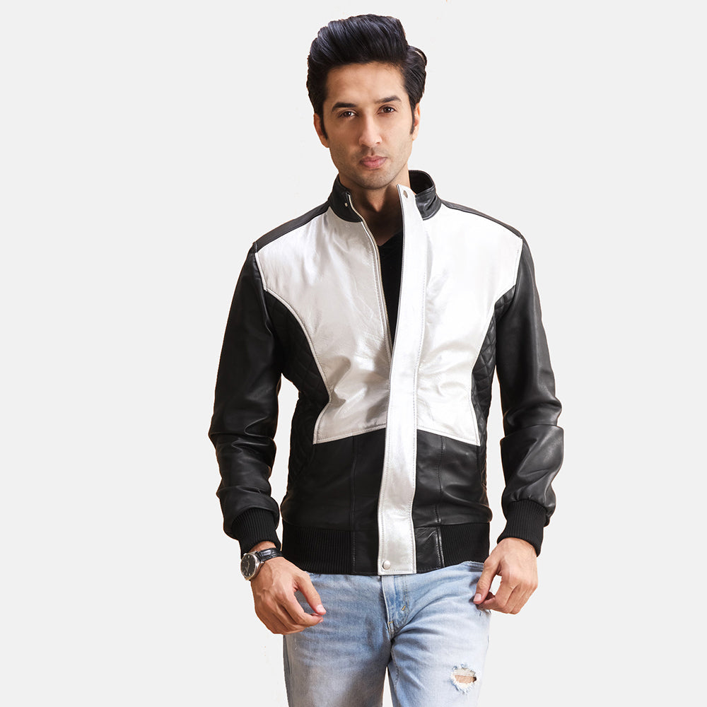 Spade Silver Black Leather Bomber Jacket in Black Sheepskin Leather - Front Profile View &amp; Tailored Silhouette | Buy Online