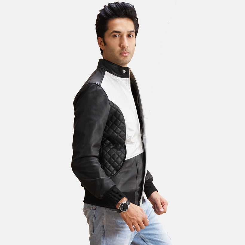 Black Sheepskin Leather Bomber Jacket - Back View Showing Tailored Shoulder Fit & Clean Hemline