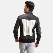 Spade Silver Black Leather Bomber Jacket - Lateral Side Profile View Showing Sleeve Cut &amp; Athletic Taper Fit